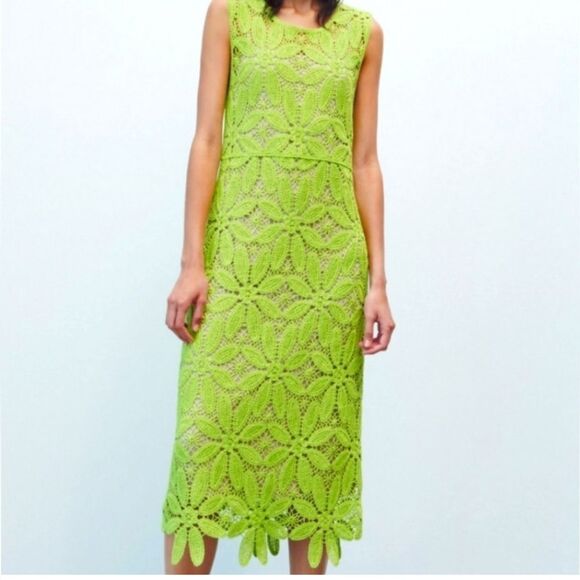 ZARA NWT lime green knit macrame crochet knee midi lined summer dress SIZE M - Picture 1 of 15
